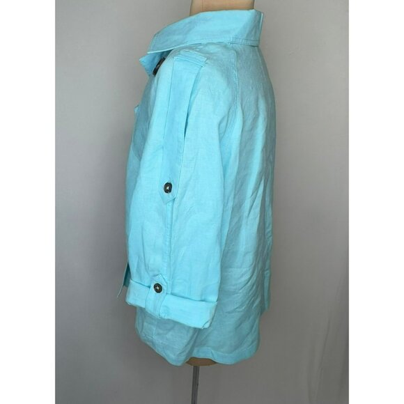 Chicos Womens Size 3 Cropped Linen Trench Jacket Light Blue Adjustable Sleeves - Picture 5 of 13